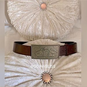 Ralph Lauren • Extremely Rare Vintage Matte Brass Brown Leather Belt Womens S/M